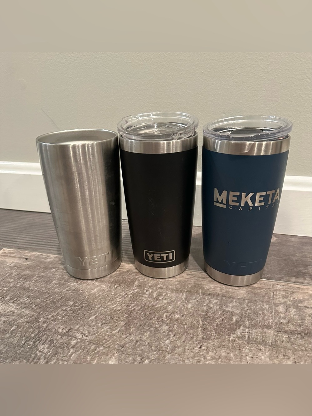 Lot of 3 Yeti Stainless Steel Tumblers in Silver, Black & Navy; 20 oz